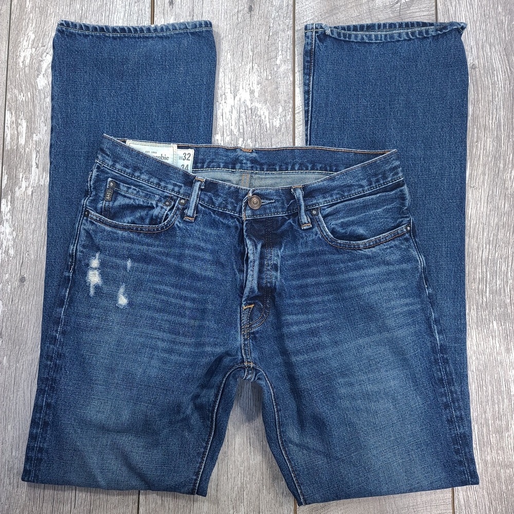 Abercrombie Fitch Mens 32x34 Baxter Low Slim Bootcut Jeans Blue Distressed Denim - Picture 4 of 10